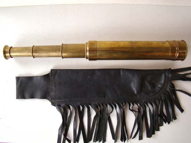 A nice 19th century Antique brass three draw telescope with fringed leather carrying pouch circa 1875